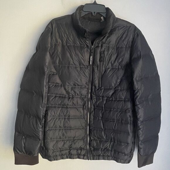 Calvin Klein Down Puffer Coat Size M Black Packable Full Zip Jacket Zip Pockets - Picture 1 of 14